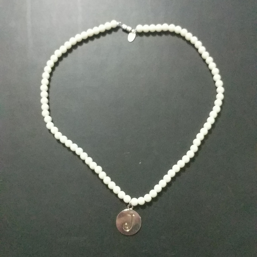 MSC Silver Tone White Faux Pearl Initial Letter J Statement Necklace